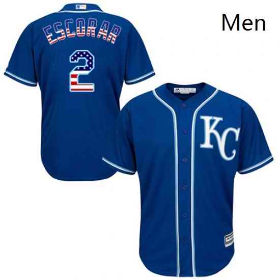 Mens Majestic Kansas City Royals 2 Alcides Escobar Replica Royal Blue USA Flag Fashion MLB Jersey